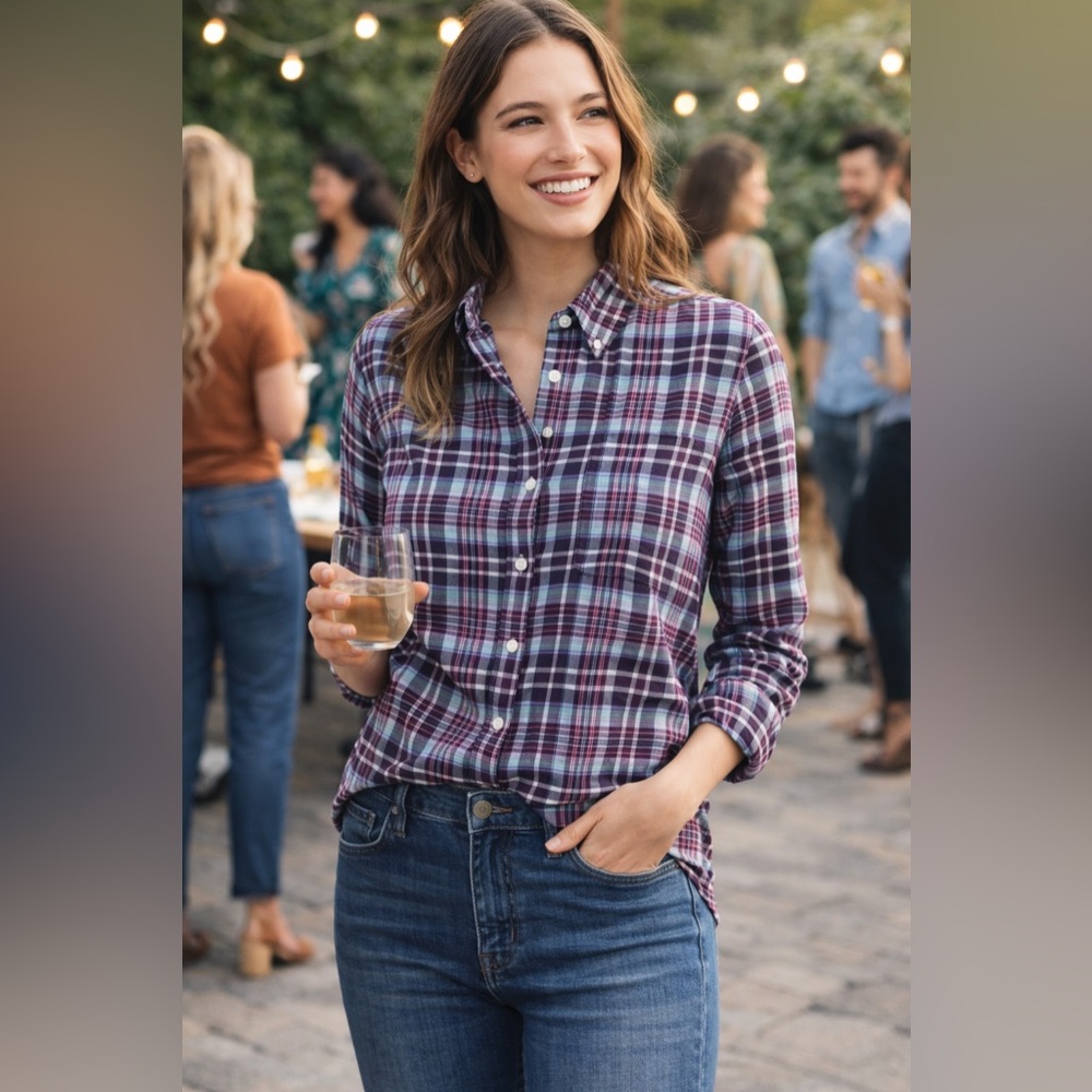 J. Crew Factory Perfect Shirt Plaid Button Down Purple Blue Cotton Size XL
